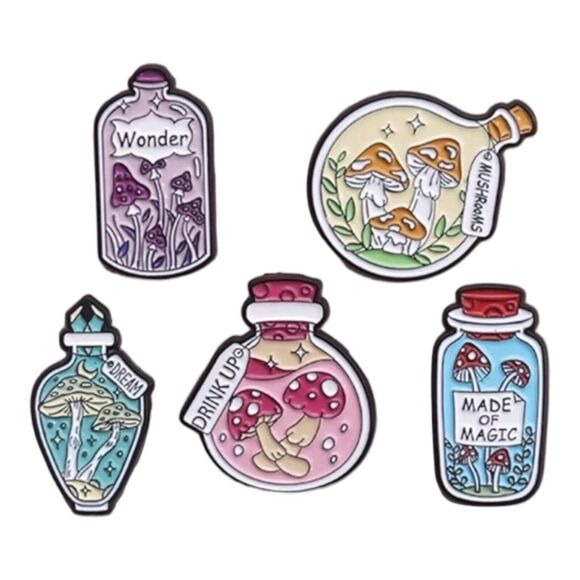 Mushroom Potion Bottles Pin Set 5 Enamel Brooch Bundle Magic Spell Fairycore Lot - Picture 5 of 6